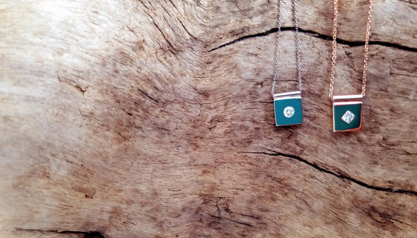 It's hip to be square necklace from Heather J Studios. .10ct diamond set in your choice of gold.