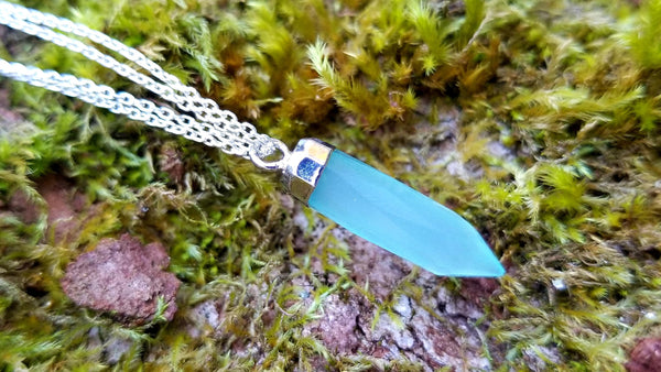Aqua Chalcedony bullet pendant necklace set on a double sterling silver chain