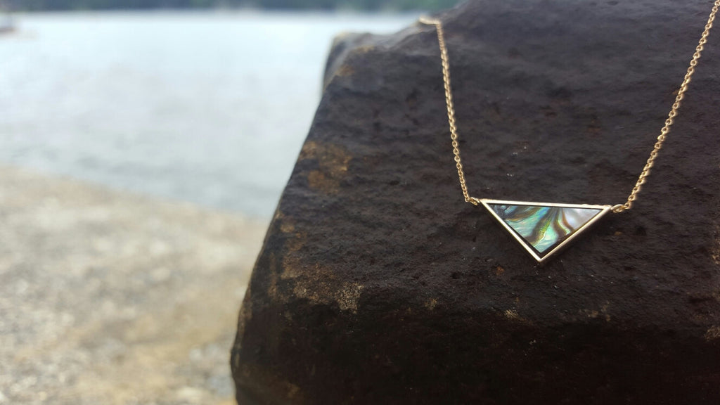 14kt yellow gold necklace with a triangle abalone pendant.